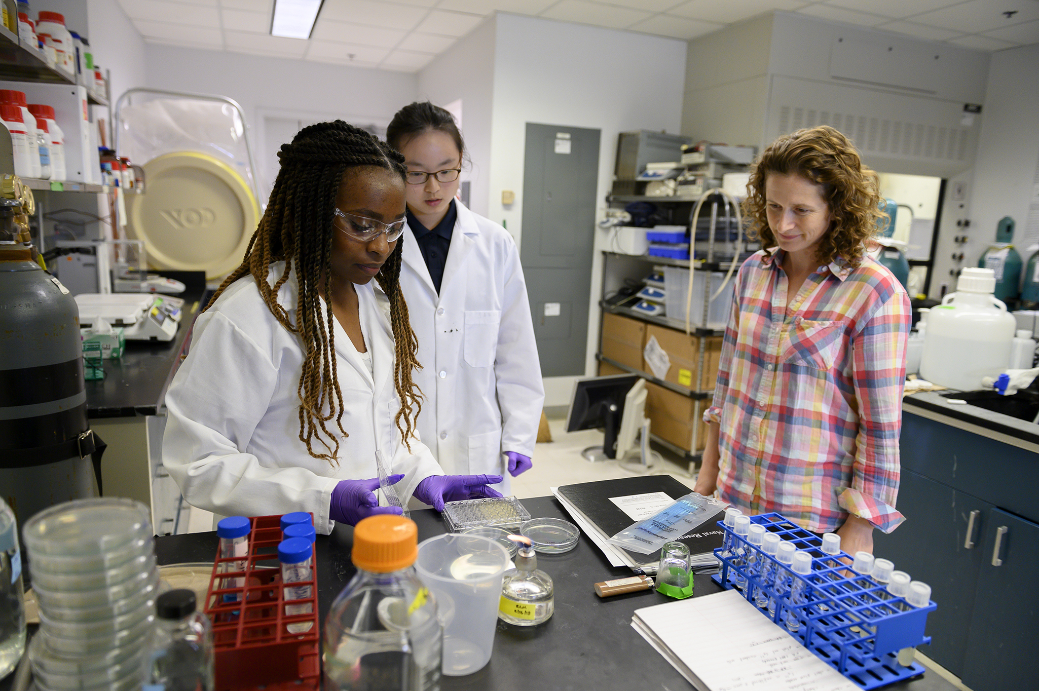 Midshipman Third Class Soohmin Lee and Midshipman First Class Ruth Langat, U.S. Naval Academy, cultivate marine bacteria on plates during their summer internship with Sarah Glaven (NRL), marine biologist  at the  U.S. Naval Research Laboratory in Washington, D.C. (U.S. Navy photo by Jonathan Steffen)